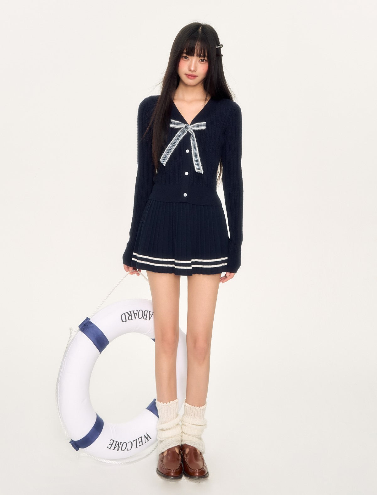 Navy Plaid Bow Top/Knitted Skirt WEE0034