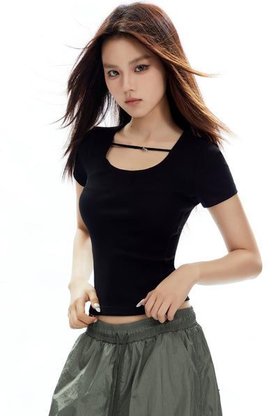 Slim Ribbed Lace-up U-neck Short-sleeved T-shirt APE0327