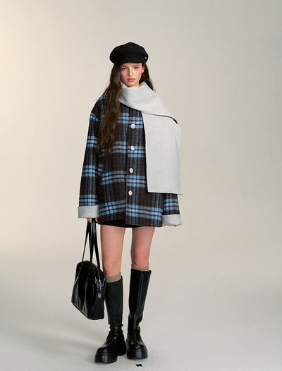 Double-sided With Scarf Retro Casual Plaid Short Woolen Coat QDQ0083