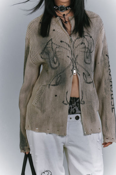 Dirty Wash Design Sweater Cardigan KIN0149
