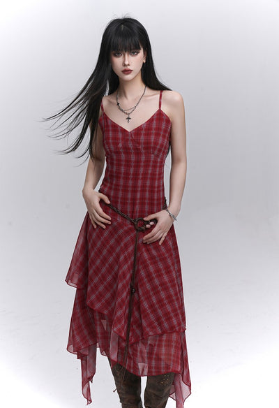 Irregular Hem Plaid Suspender Dress LAD0186
