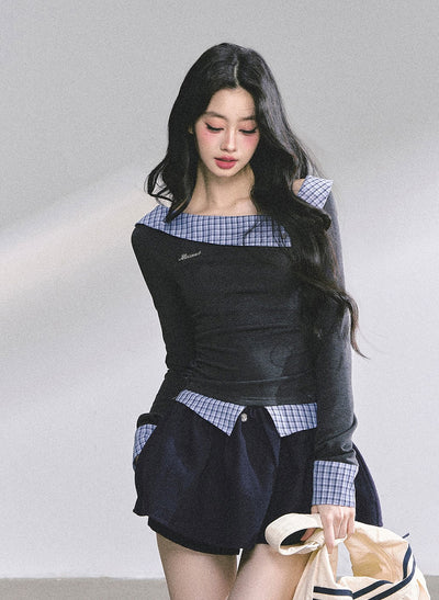 Fake Two-Piece Off-Shoulder Plaid T-Shirt DIA0575