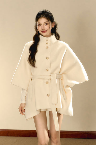 Cream Tweed Gold Button Woolen Cape Coat OSH0102