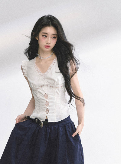 V-neck Lace Small Flying Sleeve Shirt DIA0523
