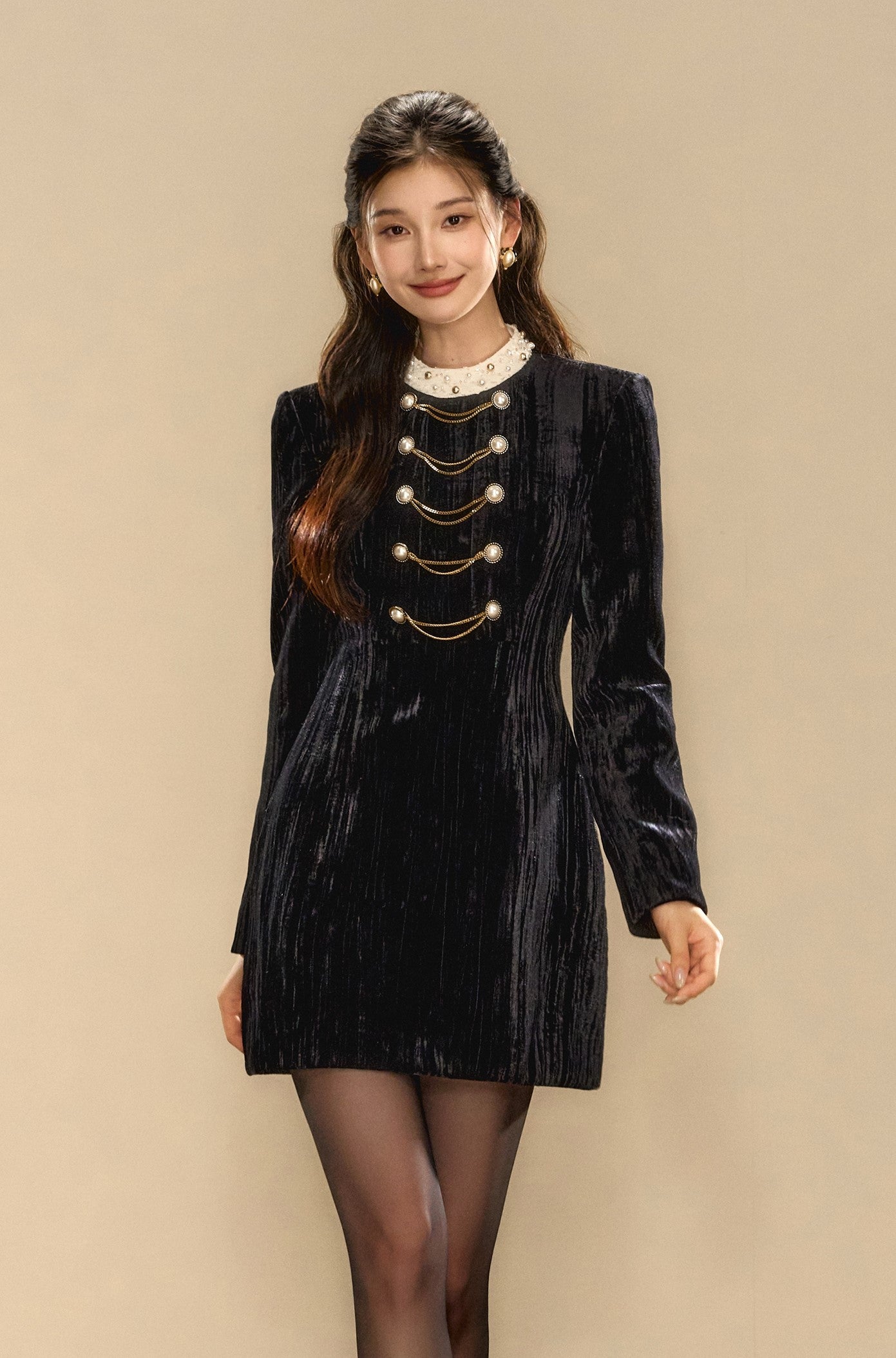 Black Contrast Velvet Exquisite High-end Dress OSH0090