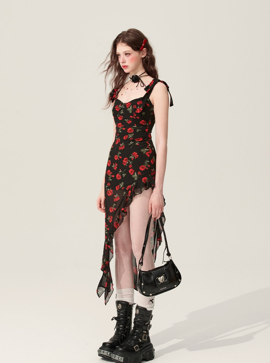 Black Amber Floral Ruffle Irregular Suspender Dress DIA0172