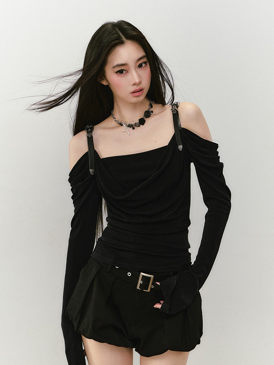 Leather Shoulder Strap Long-sleeved T-shirt VIA0336