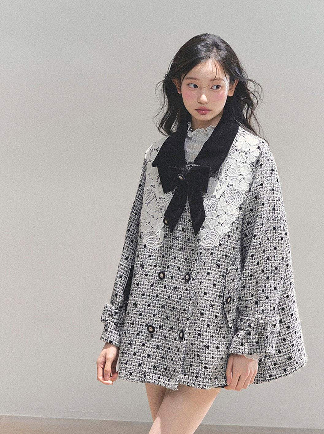 Detachable Bow Lace Plaid Coat DIA0767