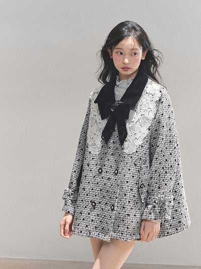 Detachable Bow Lace Plaid Coat DIA0767