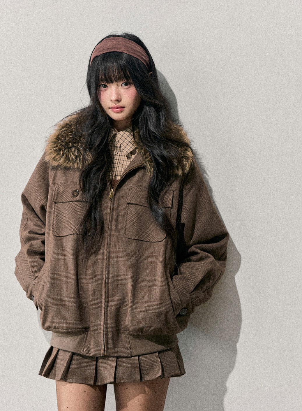 Brown Quilted Jacket/Pleated Skirt DIA0724