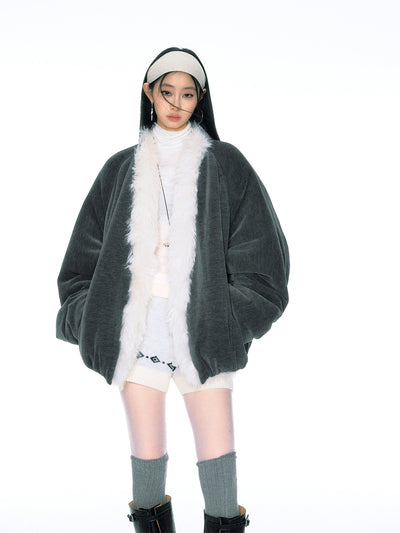 Plaid Stitching Environmentally Friendly Fur Collar Cotton Jacket CUR0152