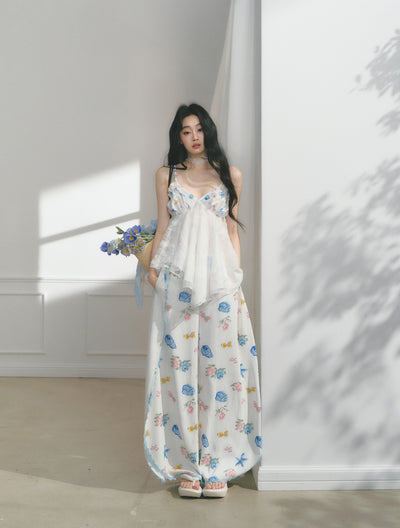Floral Print Edge Lace Wide-Leg Pants SAL0176