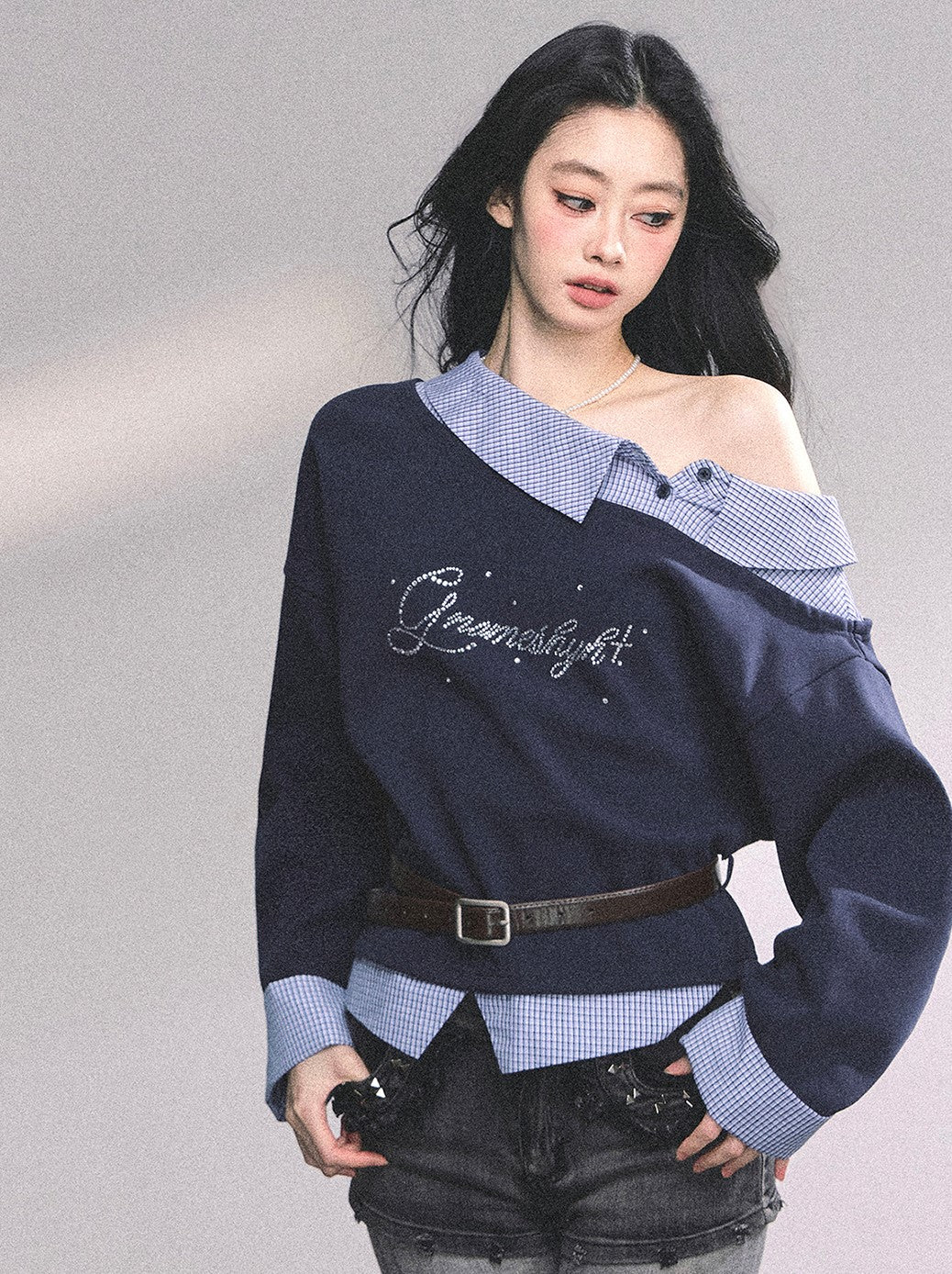 Fake Two-piece One Shoulder Plaid Sweatshirt DIA0626