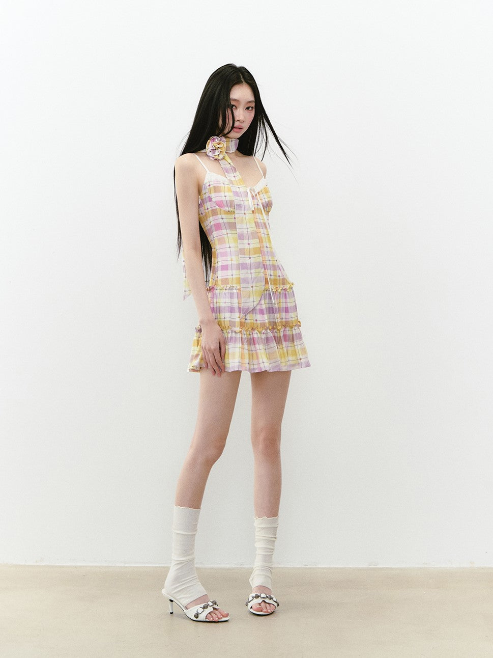 Plaid Sling Stitching Dress/Ribbon VIA0233