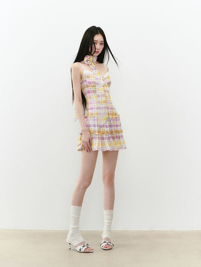 Plaid Sling Stitching Dress/Ribbon VIA0233