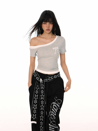 Bow Print Fake Two-piece One Shoulder T-shirt ACM0086