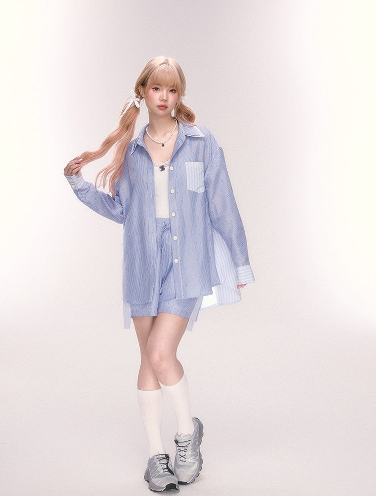 Blue Lapel Long Sleeve Striped Shirt/Loose Shorts QDQ0067