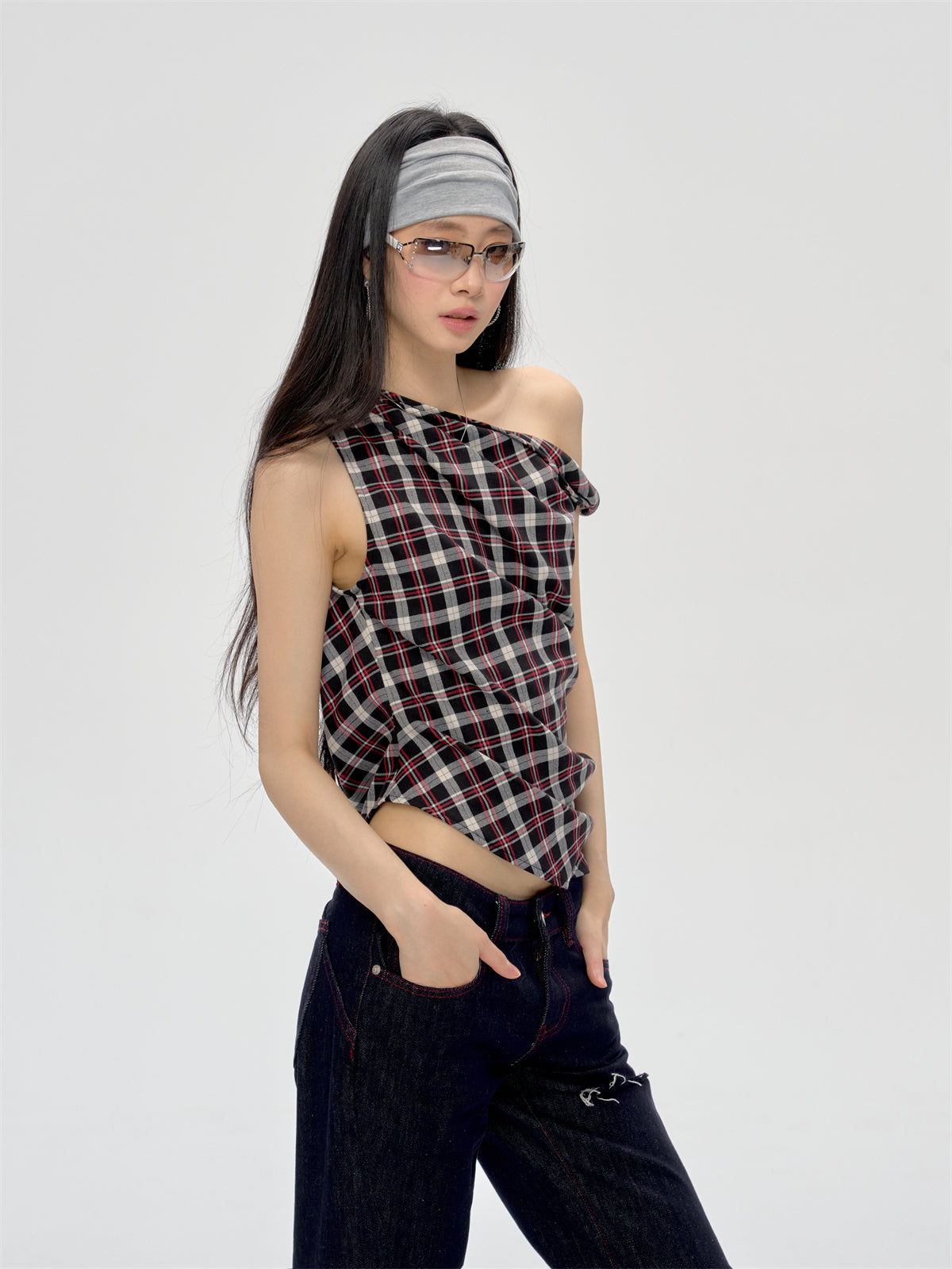 Retro Off-shoulder Plaid Top CUR0208