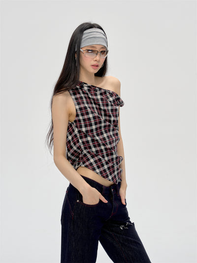 Retro Off-shoulder Plaid Top CUR0208