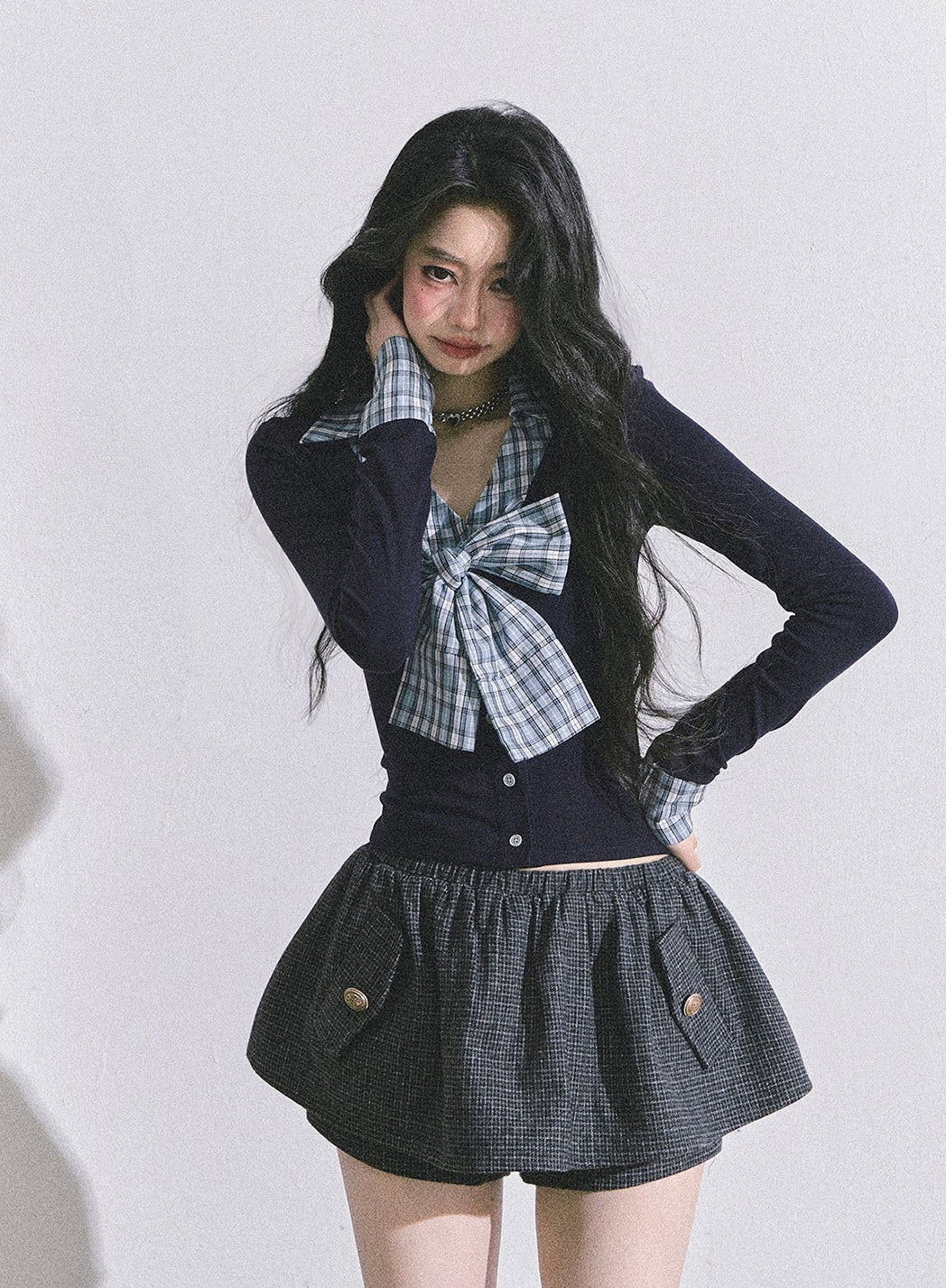 Fake Two-piece Bow Plaid Shirt DIA0599