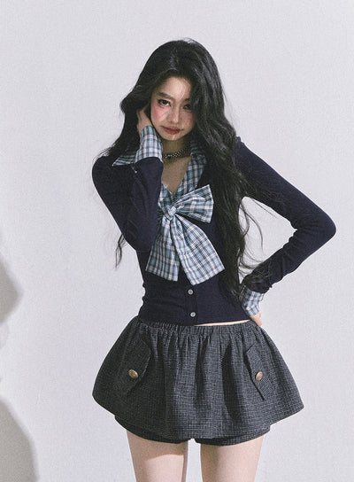 Fake Two-piece Bow Plaid Shirt DIA0599