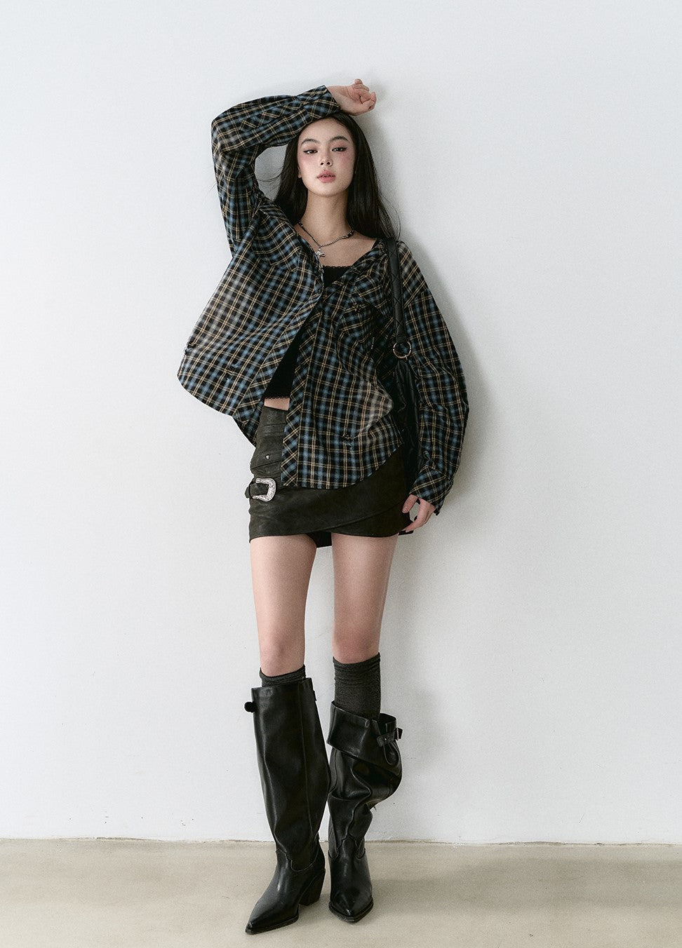 Washed Distressed Hooded Plaid Shirt VIA0166