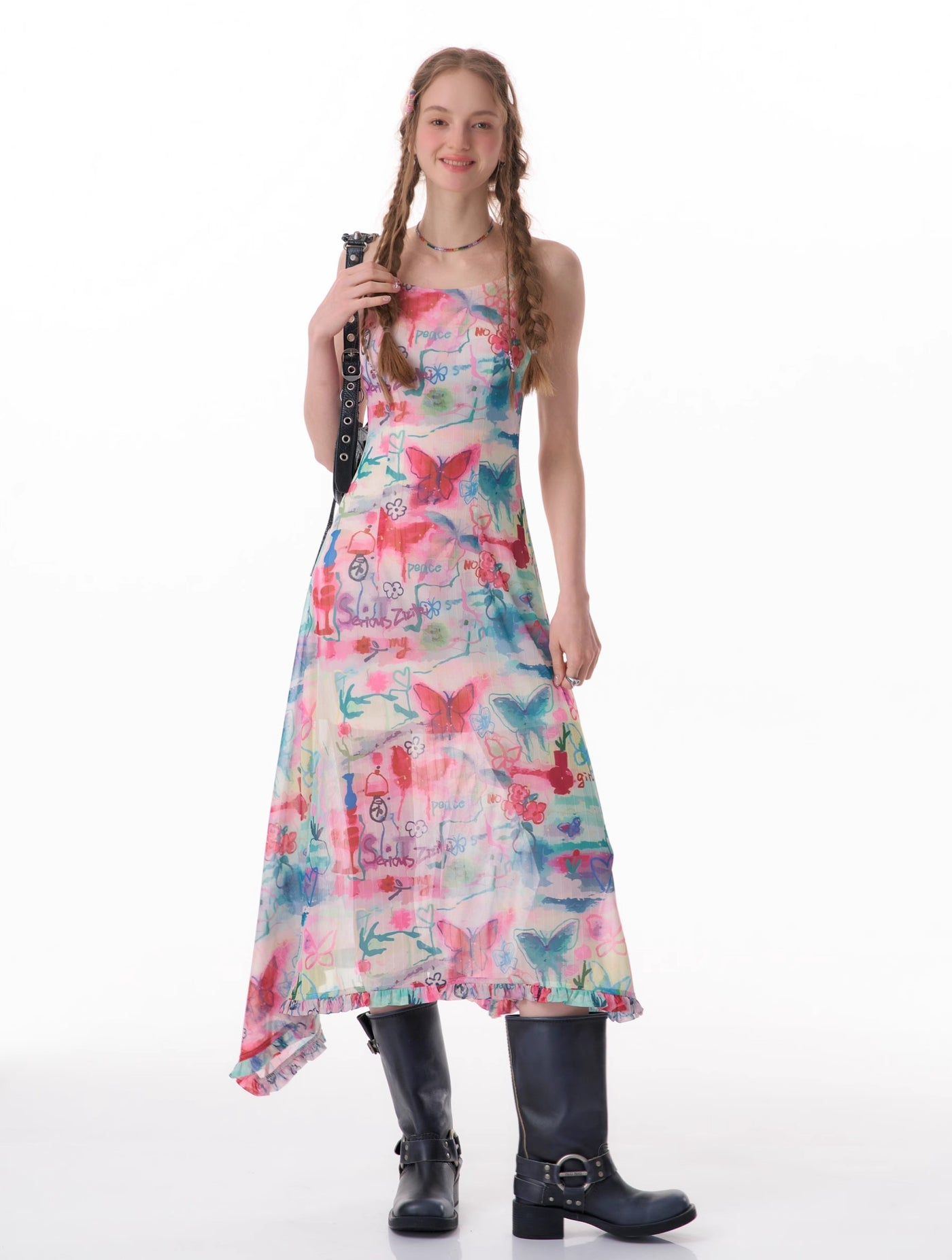 Slimming Design Irregular Graffiti Butterfly Print Suspender Dress ZIZ0077