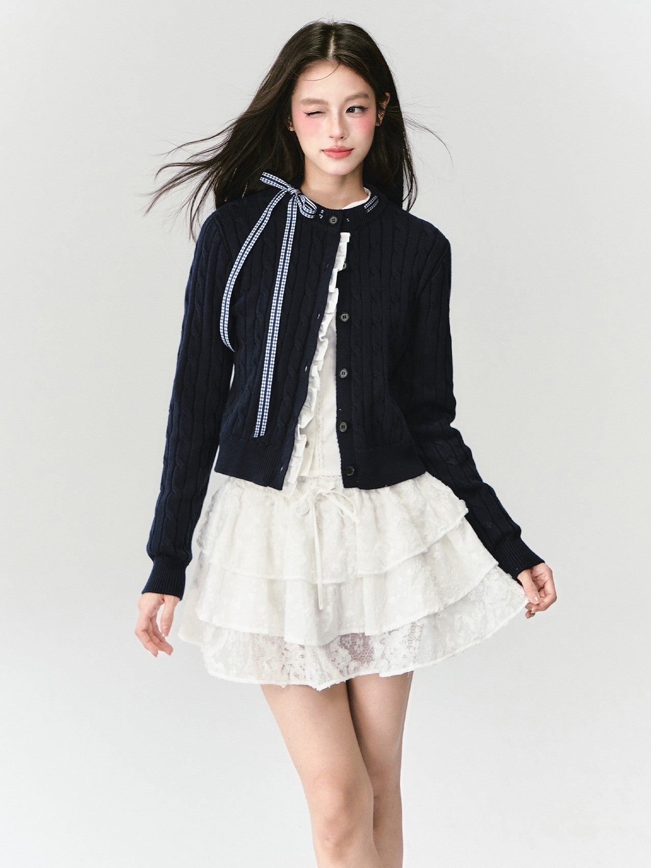 Plaid Bow Sweater Cardigan FRA0429