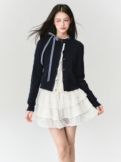 Plaid Bow Sweater Cardigan FRA0429