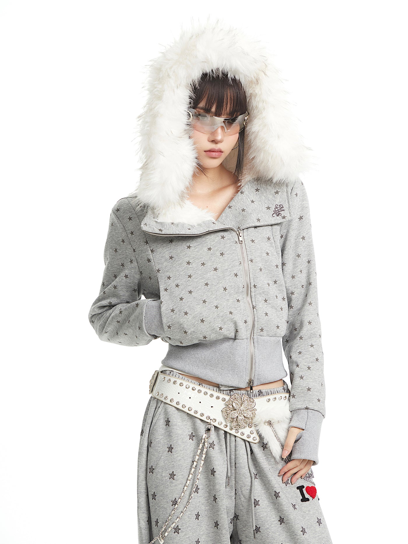 Full Star Design Fur-collar Hooded Jacket UNC0329
