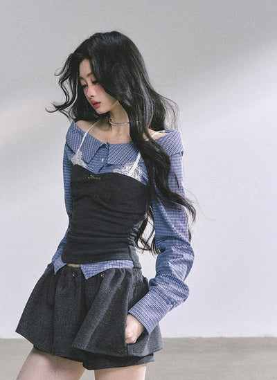 Fake Two-piece Plaid Lace Shirt DIA0573