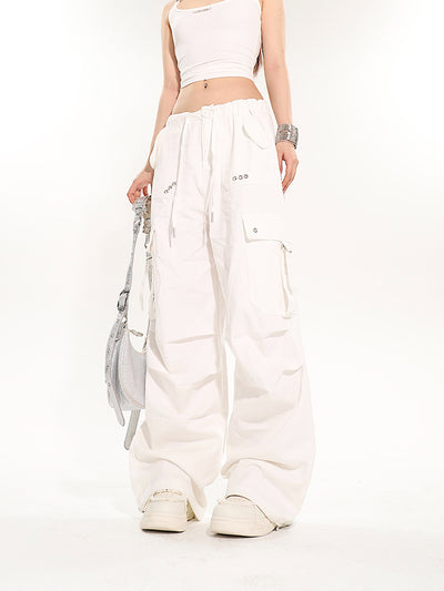 Multi-pocket White Wide-leg Slim Casual Pants UNC0074