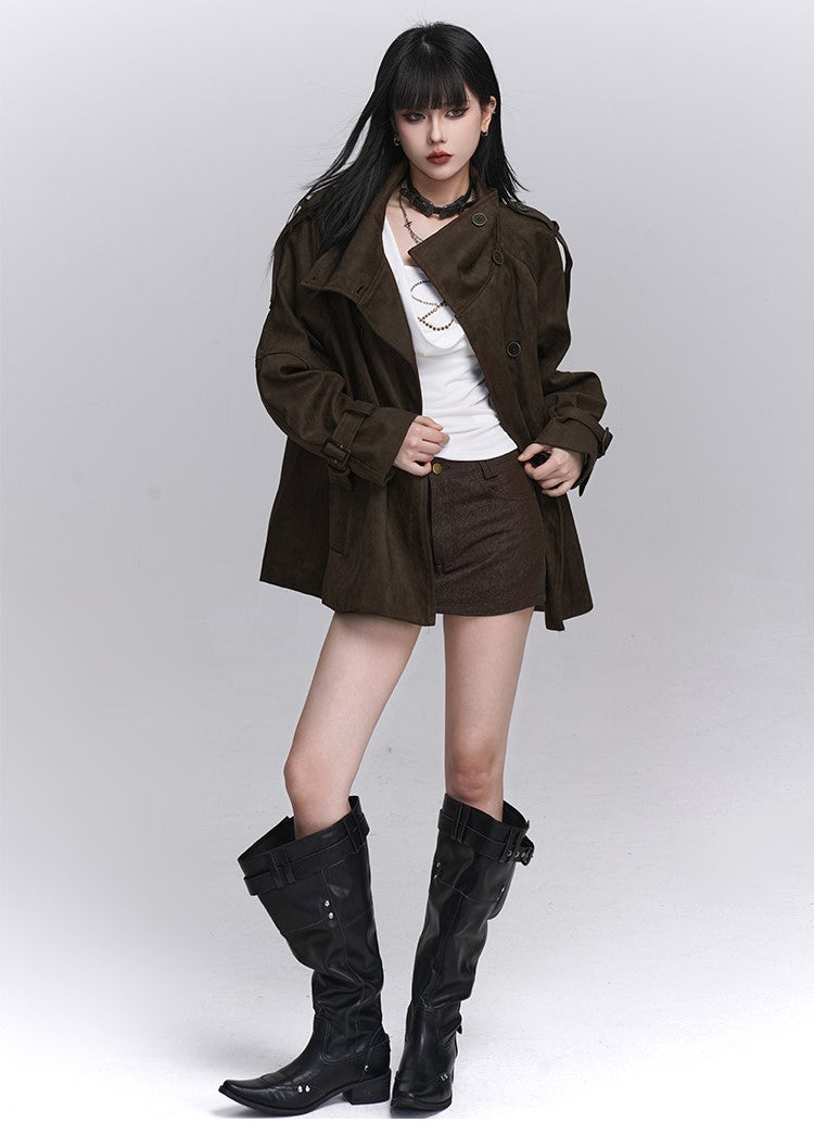 Brown Suede Stand Collar Jacket LAD0247