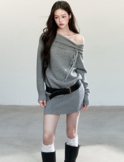 Velvet Draped Off-shoulder Knitted Dress FRA0461