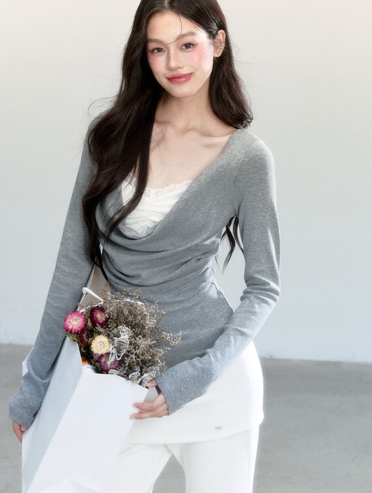 Grey Floral Print Slimming Layer Sweater FRA0463