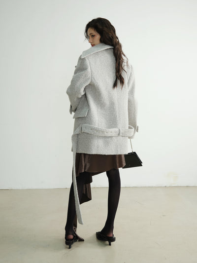 Large Stand-up Collar Gnderless Light Gray Woolen Coat JNY0185