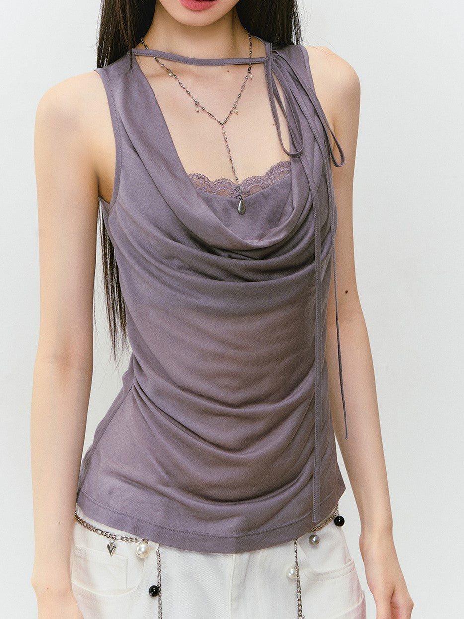 Spliced Lace Sling Collar Top VIA0311