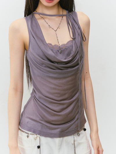 Spliced Lace Sling Collar Top VIA0311