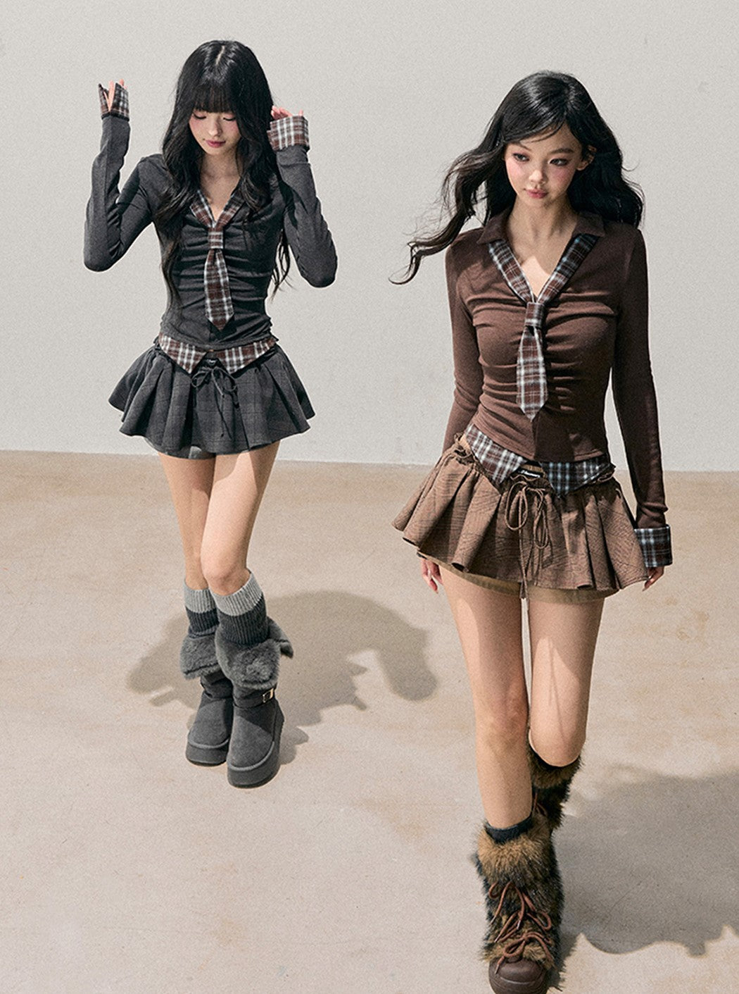 Faux Two-Piece Plaid Tie T-Shirt DIA0746