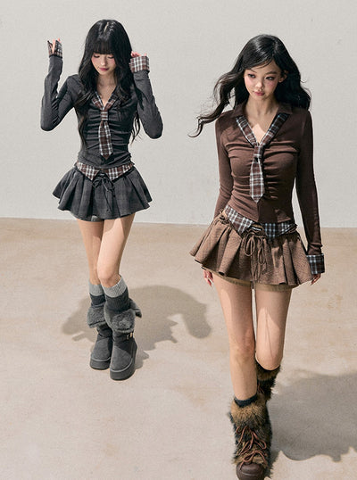 Faux Two-Piece Plaid Tie T-Shirt DIA0746