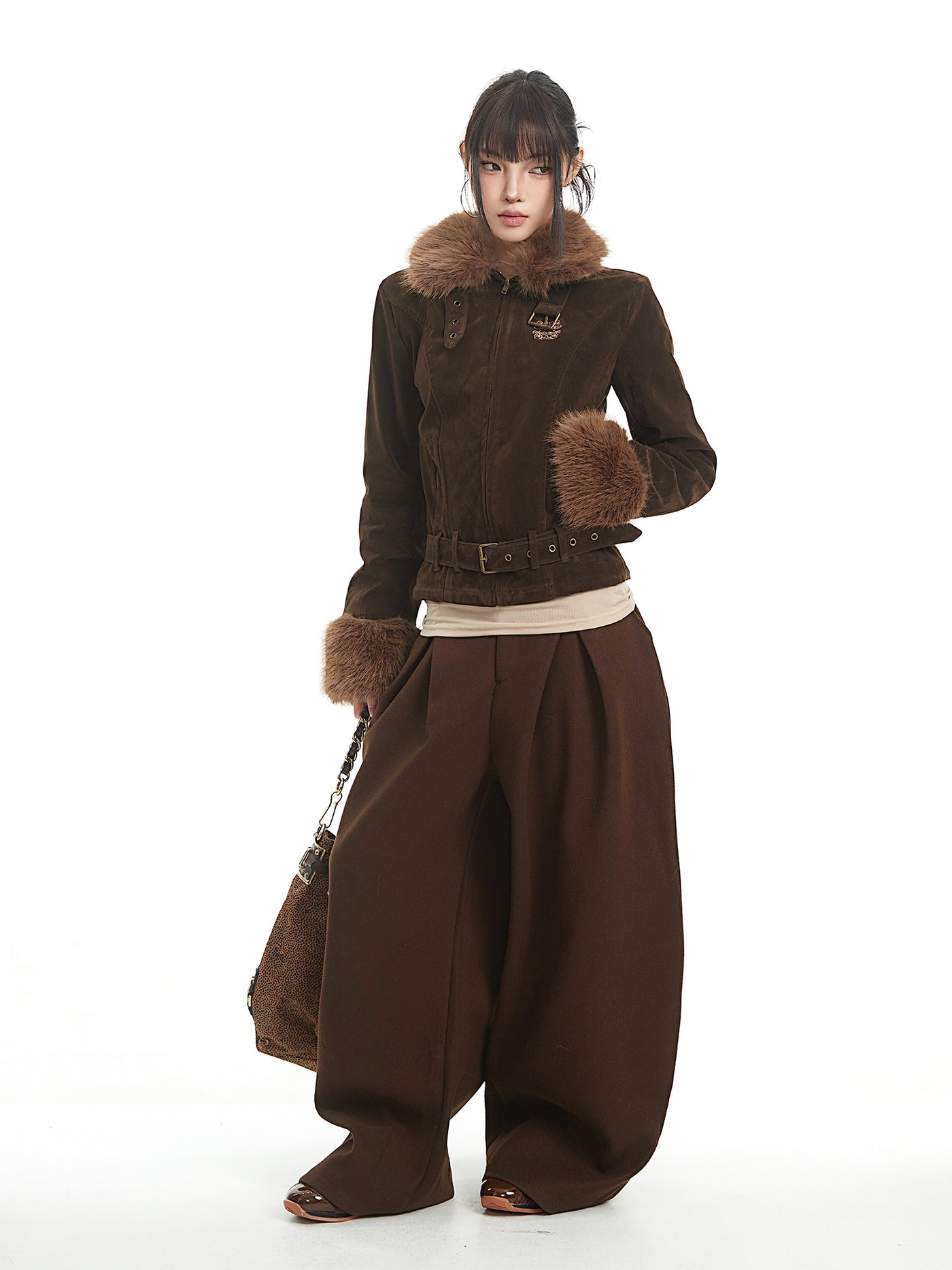 Retro Style Fur Collar Patchwork Suede Jacket UNC0327