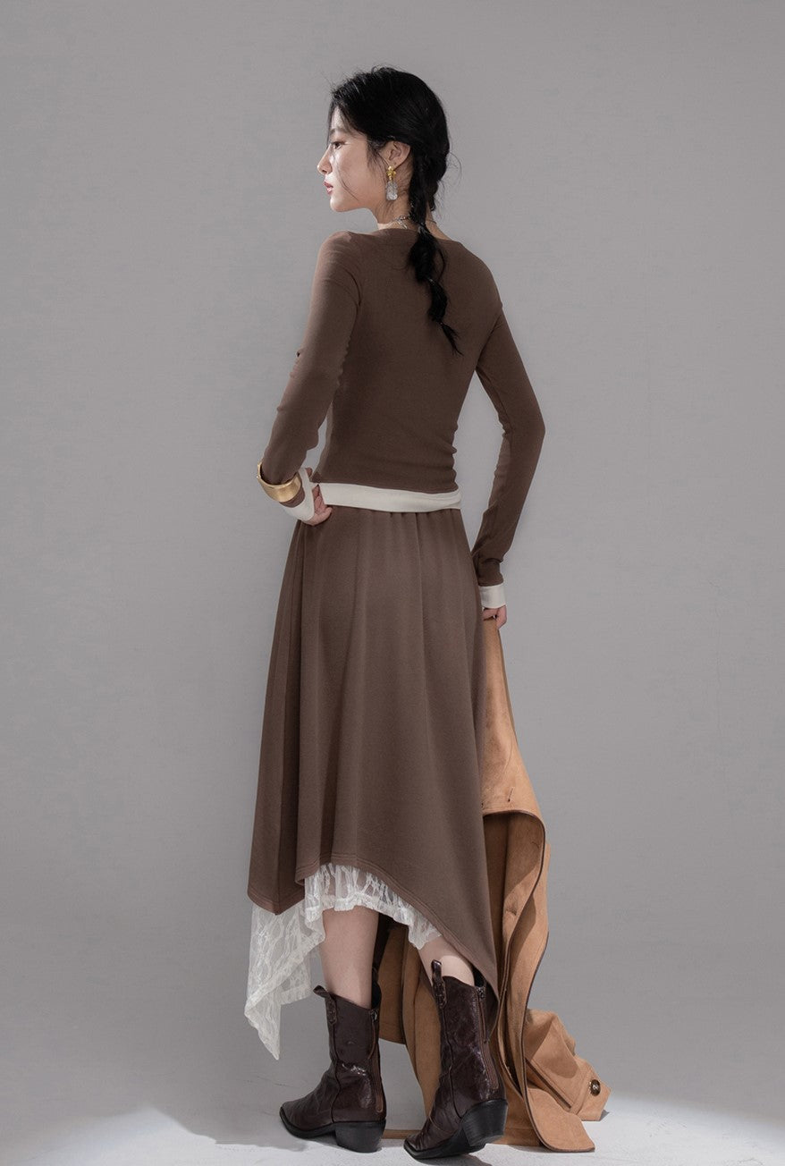 White Milk Coffee Contrast Top+Skirt COT0359