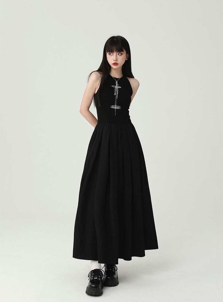 Black Sleeveless Suspender Long Dress LAD0094