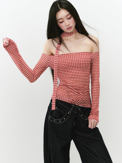Plaid Mesh Long-sleeved T-shirt VIA0263