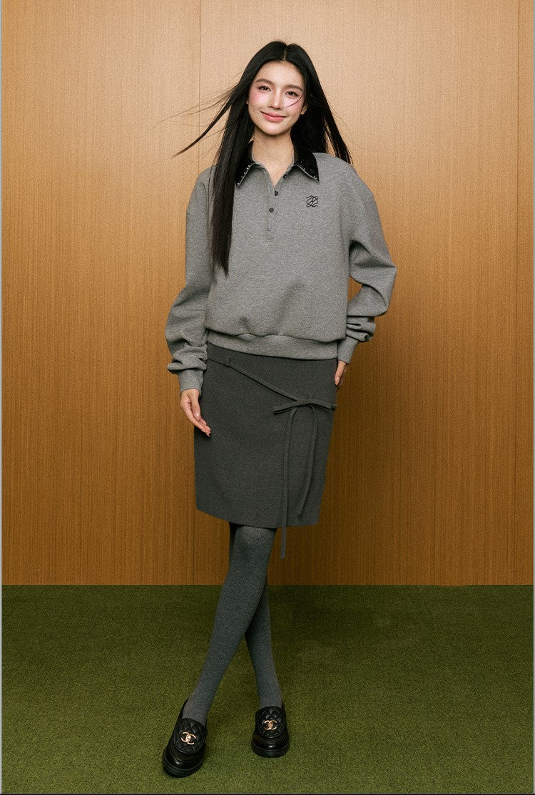 Sequined Lapel Simple Long-sleeved Silhouette Polo Collar Gray Sweatshirt AGM0085