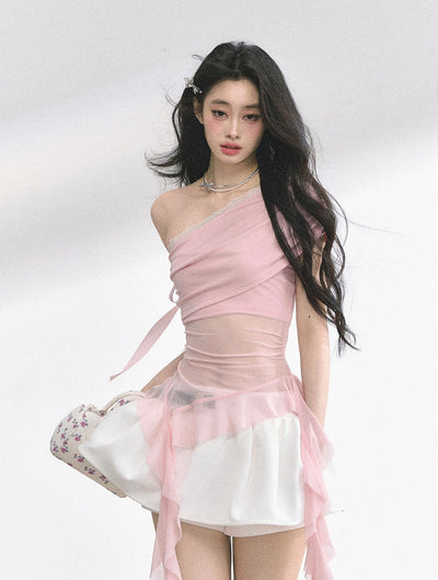 Off-shoulder Transparent Mesh Top DIA0510