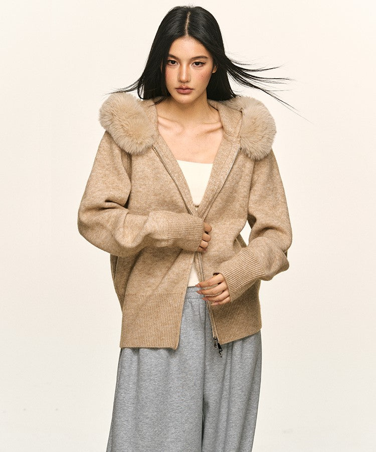 Double Zipper Large Fur Collar Knit Cardigan ANA0094