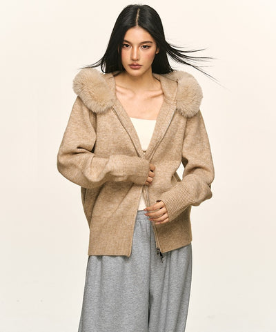 Double Zipper Large Fur Collar Knit Cardigan ANA0094