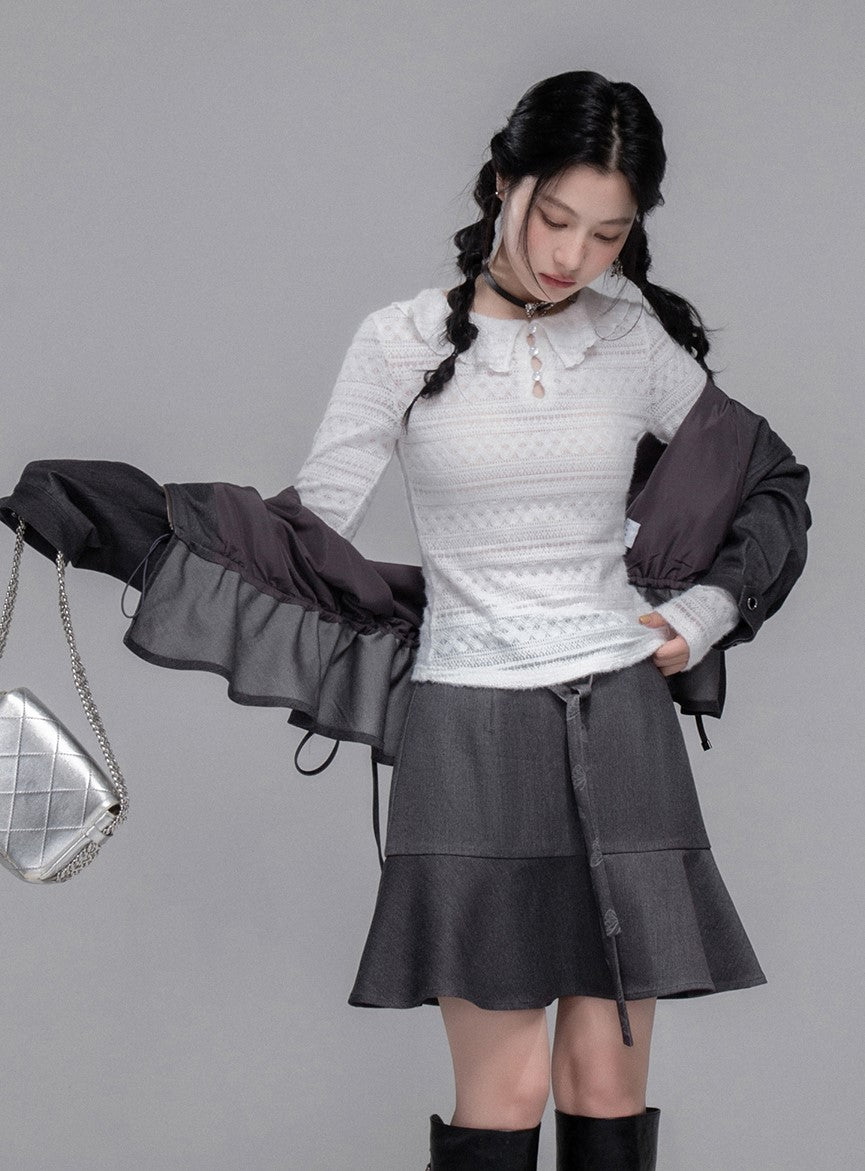White Lotus Leaf Hollow Collar Sweater COT0348