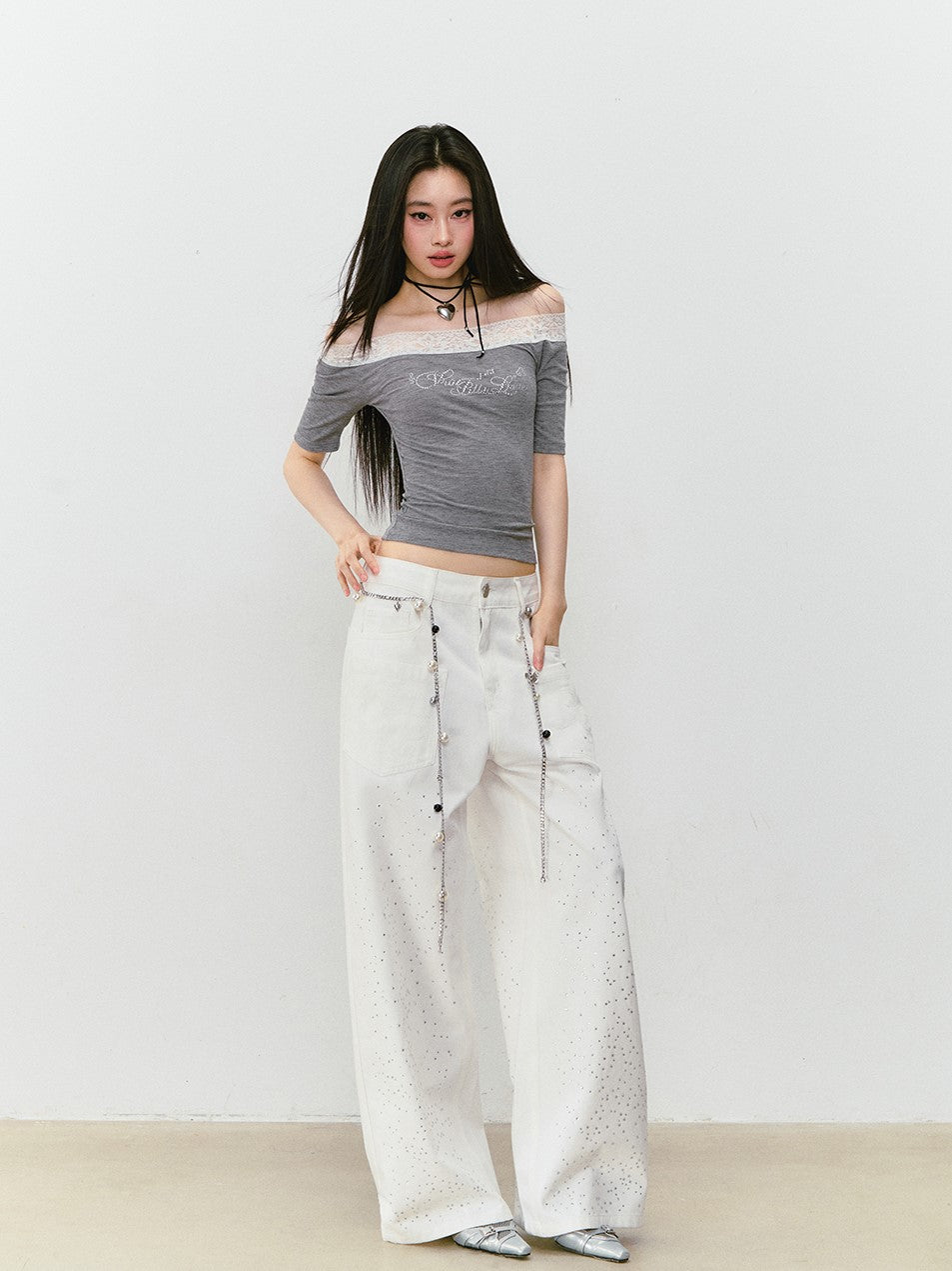 Rhinestone Wide-leg Denim Jeans VIA0328
